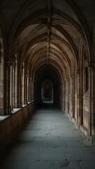 Obraz premium Gothic arched stone corridor in atmospheric historic cathedral interior