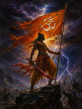 Epic Hindu Warrior Holding Sacred Om Flag 
in Powerful Lightning Storm, Sanatan Dharm 
Cinematic Dark Fantasy Spiritual Art