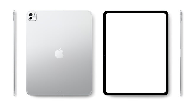 Photorealistic detailed Apple iPad Pro M5 13 inches 2025 Silver mockup. Real dimentions. Front, rear and side views isolated on white background with shadows. Vector editorial illustration