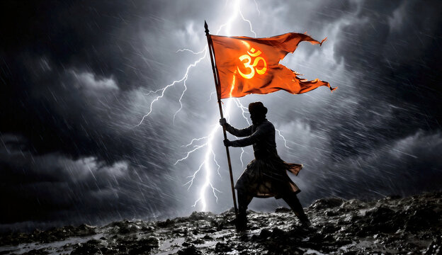 Hindu Warrior Standing with Sacred Om Flag 
in Portrait Lightning Storm, Sanatan Dharm 
Vertical Dark Cinematic Spiritual Art