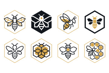 Fototapeta premium Set of bee icons in various styles and geometric shapes and colors honeybees