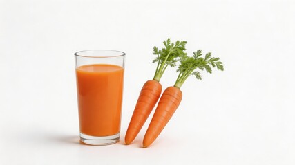 Fototapeta premium A refreshing glass of carrot juice with two whole carrots on a clean white background, emphasizing a healthy lifestyle and nutrition.