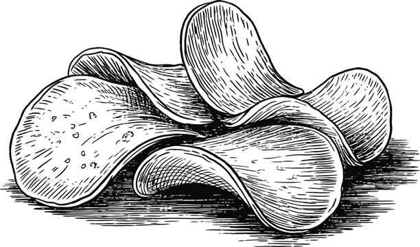 Crispy potato chips pile hand drawn engraving style illustration for food snack design.