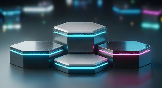 Futuristic hexagonal metallic podiums with blue and pink neon lights
