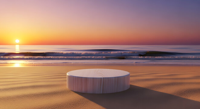 Wooden product podium on sandy beach during golden sunset