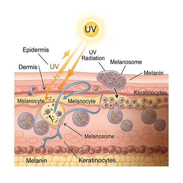 UV radiation triggers melanocyte activity, producing melanin in skin layers
