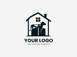 Fototapeta premium Cow Farm House black vector logo white background
