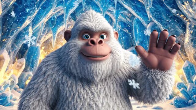 Friendly cartoon yeti waving hand in icy cave