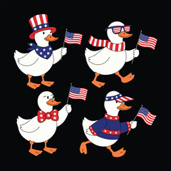 Patriotic ducks, American flags, 4th July icons isolated on Transparent Background © Riponislam
