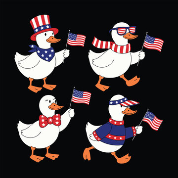 Patriotic ducks, American flags, 4th July icons isolated on Transparent Background