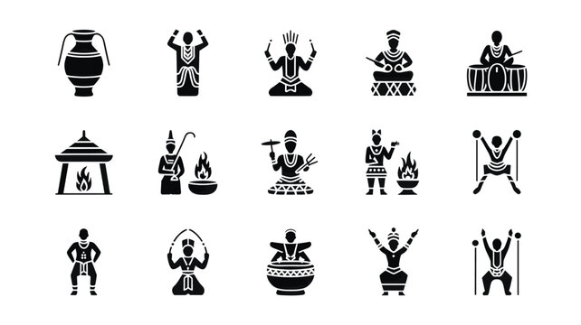 Set of 15 Traditional African Culture and Ritual Black Icons Vector