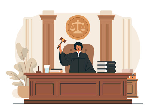 Judge courtroom justice legal decision gavel law books scales columns desk modern flat design