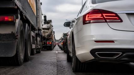 Naklejka premium Perspective from a driver's seat looking at heavy highway traffic, capturing the rear profile of a white car and a massive cargo truck on the adjacent lane