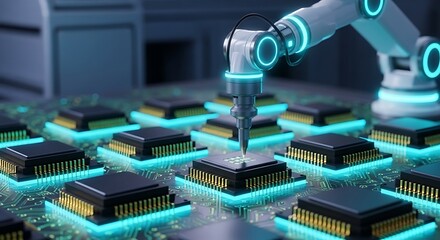 Fototapeta premium Robotic arm assembling microchips on circuit board with blue lights