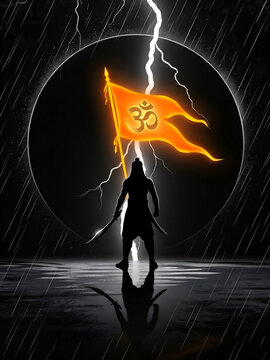Hindu Warrior Holding Sacred Om Flag Inside 
Glowing Moon Circle in Rain and Lightning, 
Sanatan Dharm Epic Dark Fantasy Spiritual Art