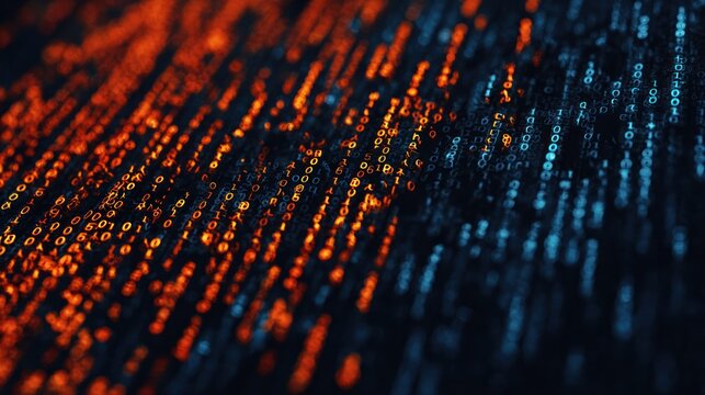 Flowing streams of glowing binary digits illuminate a dark digital background with contrasting colors.