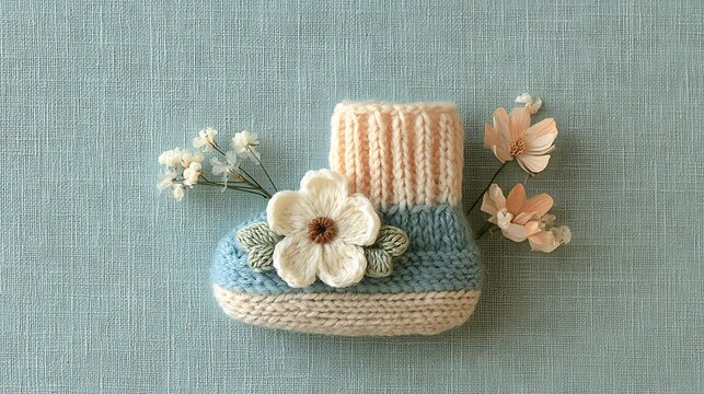 Knitted baby bootie with floral decoration on textured blue background