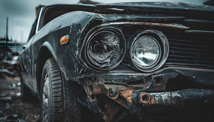 Fototapeta premium A smashed black car sits abandoned with a shattered headlight and torn bumper. The exposed mechanical parts create a feeling of sadness and ruin in the harsh daylight of a repair lot