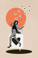 Naklejka premium Vertical image art collage of happy girl receive like reaction bubble notification social media influencer heart icon donation