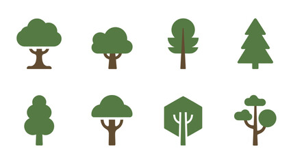 eight tree icons flat design vegetation nature symbol graphic illustration simple minimalist forest environment ecology botany arbor woodland iconography visual element © DesignHub