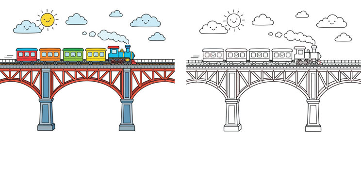 Colorful Cartoon Steam Train Crossing Arched Railway Bridge Set in Color and Black and White Line Art for Kids Coloring Book Activity Vector
