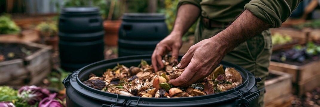 Closeup of hands loading organic waste into a compact pyrolysis barrel surrounded by outoffocus rain barrels and raised garden beds soft natural light highlighting sustainable