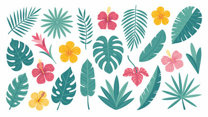 tropical leaves and flowers vector illustration botanical floral pattern design nature exotic plant hibiscus monstera palm banana artwork graphic element decoration © DesignHub