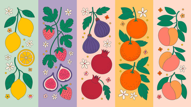 five illustrated fruit panels lemons strawberries figs pomegranates oranges peaches vector colorful background flowers leaves food nature graphic design pattern artwork