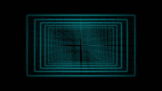 Abstract glowing geometric rectangular tunnel effect with digital grid lines and a dark center point conveying a sense of depth and futuristic exploration on a black backdrop perfect for