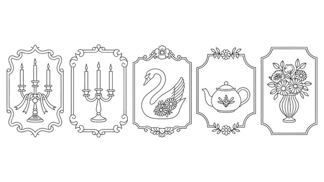 five framed objects line illustration candelabra swan teapot flowers vase ornate frames black white decorative elegant simple design pattern artwork graphic