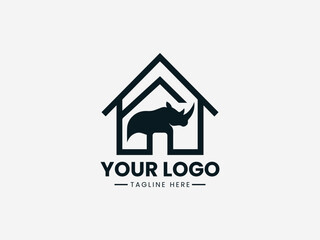 Fototapeta premium A black rhinoceros silhouette merges with a simple house roof design representing strong real estate branding.