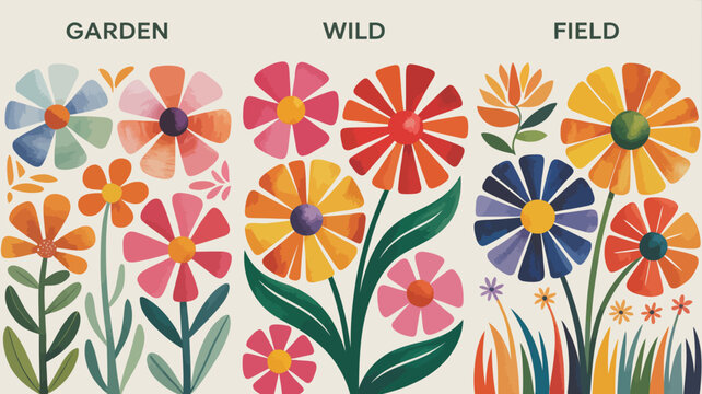 three vibrant floral categories vector flowers garden wild field illustration colorful botanical nature design graphic artwork pattern background decorative plant stem