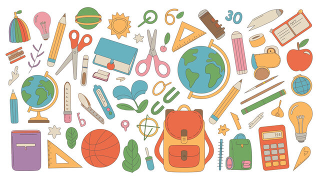 school supplies colorful vector illustration backpack pencil scissors ruler calculator globe apple notebook stationery education learning classroom childhood academic tools equipment