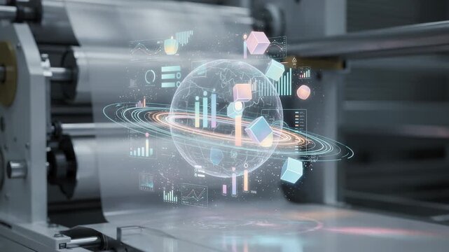 Medium shot of a predictive settings module in a digital twin system adjusting variables to forecast outcomes and improve film line performance