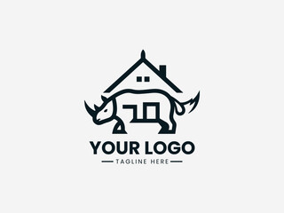 Fototapeta premium A black rhinoceros silhouette merges with a simple house roof design representing strong real estate branding.