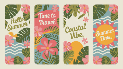 summer themed vector illustrations travel coastal vibe time hello flowers leaves illustration pattern background seasonal holiday vacation tropical beach design graphic © DesignHub