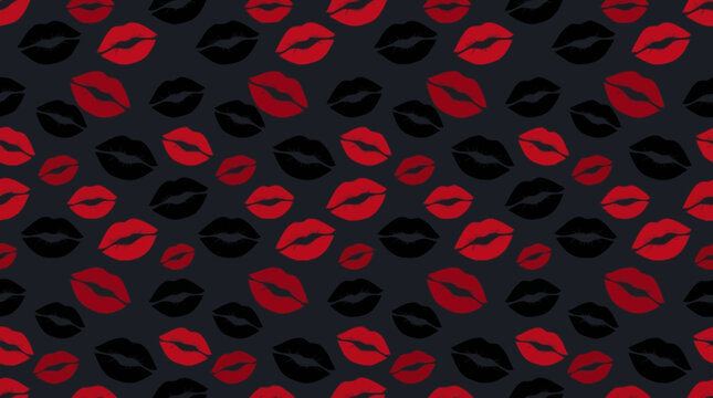 Repeating seamless pattern of red and black lipstick kiss marks on a dark gray background, featuring graphic lip shapes for romantic fashion, cosmetic packaging, and textiles.