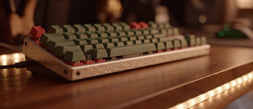 Cinematic Close Up of a Custom Mechanical Keyboard on a Wooden Desk