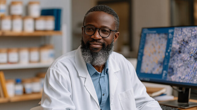 Materials engineer examines scanning tunneling microscope images of quantum superconductor surface on large monitor, magnified atomic lattice defects highlighted by analysis