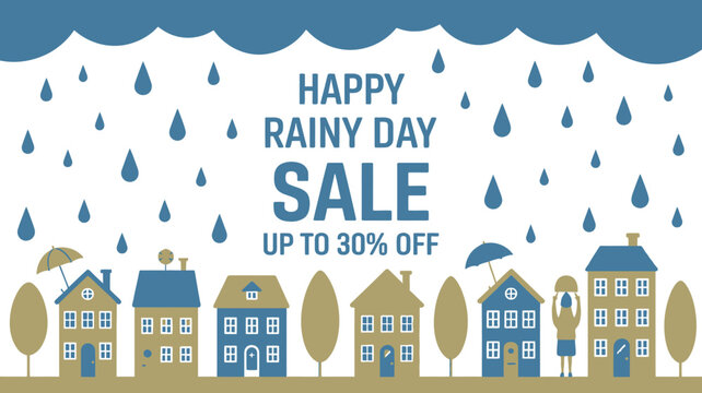happy rainy day sale vector illustration houses raindrops clouds umbrella discount promotion shopping retail seasonal offer marketing advertising colorful cartoon scene