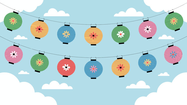 paper lanterns with floral patterns on light blue sky clouds festival decorations colorful vector illustration celebration outdoor event party tradition culture