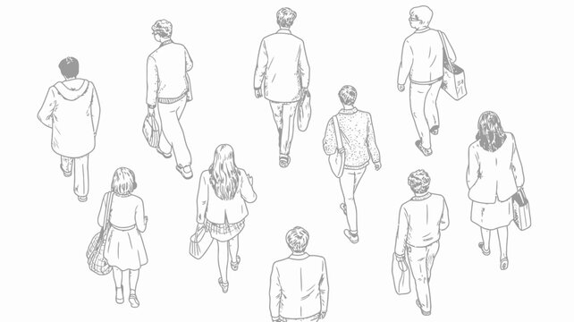 people walking away line drawing sketch illustration group pedestrians street urban scene black white artwork simple minimalist everyday lifestyle travel commute