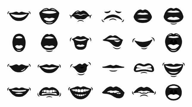 Set of 24 black mouth and lip icons showing various facial expressions such as smiling, laughing, screaming, sadness, neutral, and surprised, isolated on a plain white background.