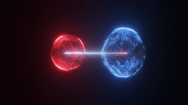 Binary code planet collision and data fusion concept. Glowing red and blue spheres with digital patterns. Seamless loop animation for tech and cybersecurity presentations.