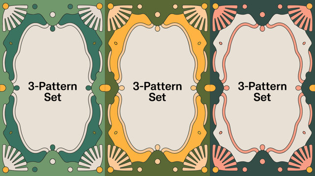 three pattern set vector illustration frame border design decorative artistic graphic element ornament shell fan shape geometric abstract background template layout