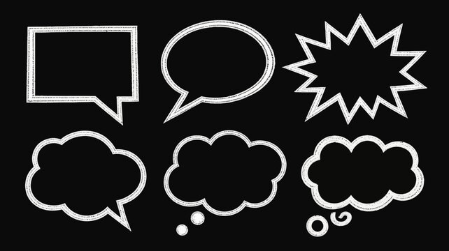 speech bubble icons dotted outline dialogue communication talk chat thought cloud burst vector graphic illustration black background white lines design element