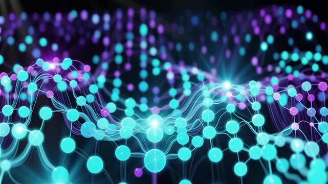 Highly detailed futuristic AI neural network 3D animation, complex glowing nodes in electric cyan and purple connected by smooth flowing data lines. Digital brain concept with intelligent neural activ