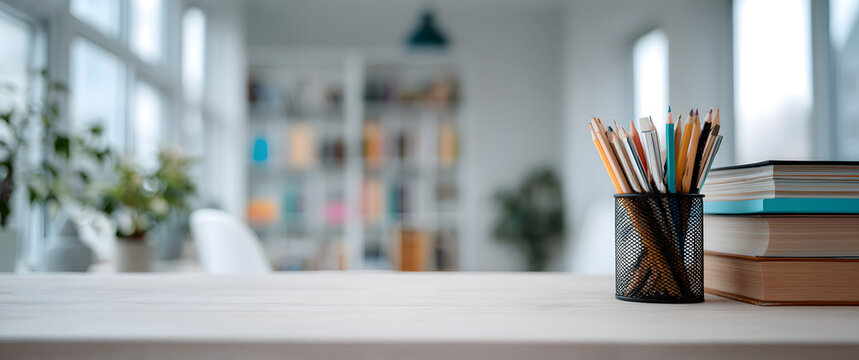 Organized workspace featuring pencil holder with pens and stack of books on wooden table.