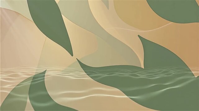 Calm abstract nature inspired animation, soft flowing organic forms resembling leaves and gentle water movement. Sage green, warm beige, and soft gold tones.