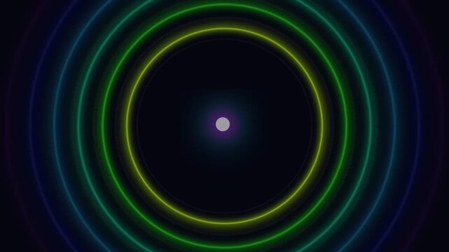 Abstract flowing waves of vibrant neon colors expand outward from a luminous central point creating a captivating ripple effect on a dark canvas for digital art and design projects